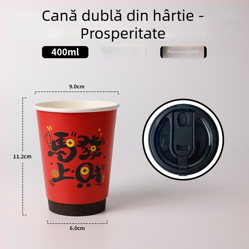 Pahar din hârtie cu dublu pereți, roșu, cu capac, pentru băuturi fierbinți, rezistent la temperaturi înalte, ceașcă premium pentru ceai cu lapte