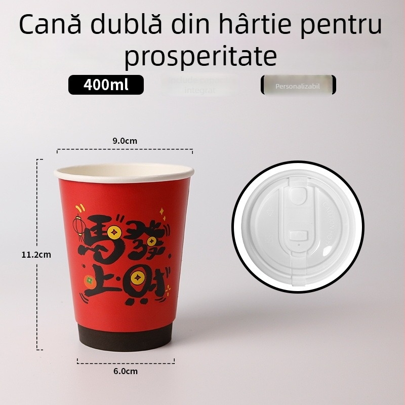 Pahar din hârtie cu dublu pereți, roșu, cu capac, pentru băuturi fierbinți, rezistent la temperaturi înalte, ceașcă premium pentru ceai cu lapte
