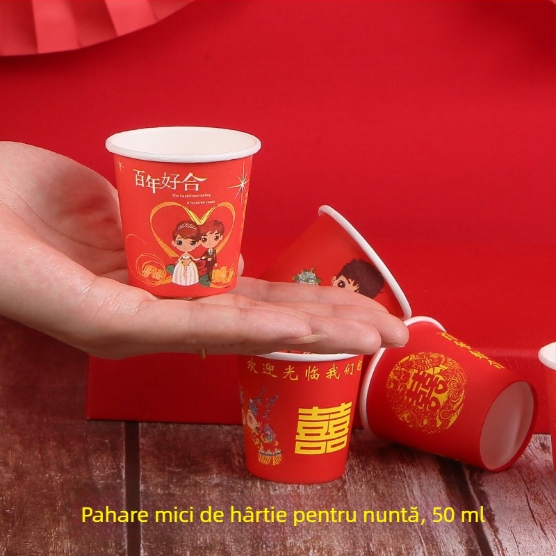 Pahare de unică folosință din hârtie roșii, pentru degustare, toasturi și ceai; versiune mini îngroșată, 45 ml