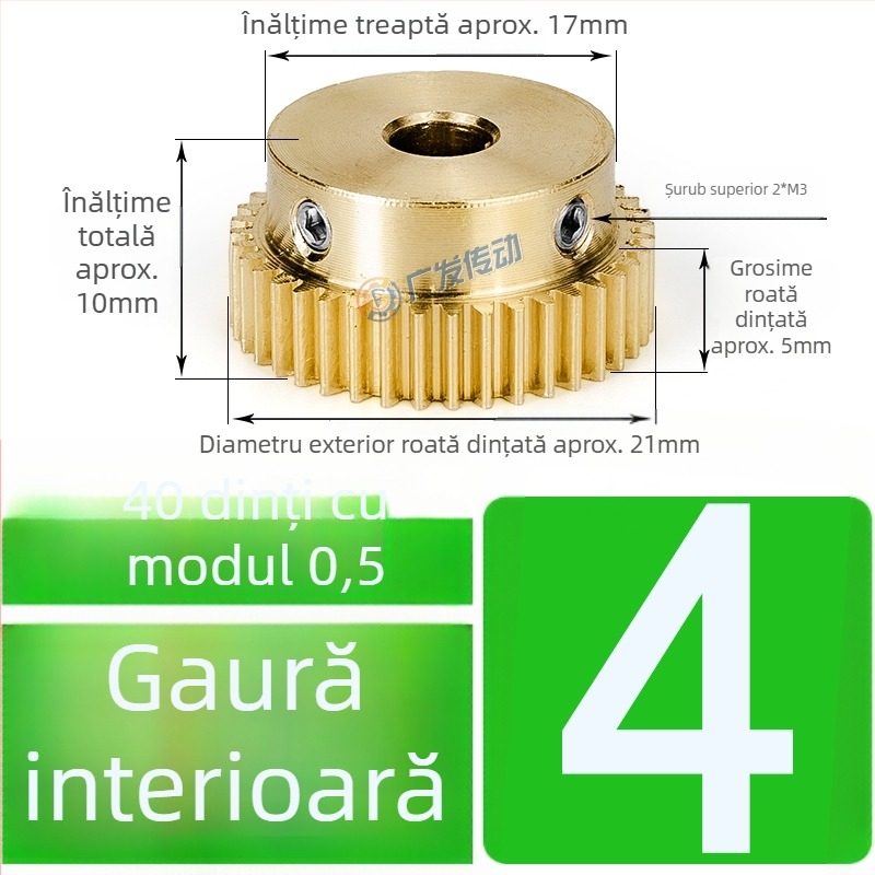 Pinion din alamă, modul 0,5, 40 dinți, cu treaptă înălțată, pinion drept din alamă pentru șină dințată
