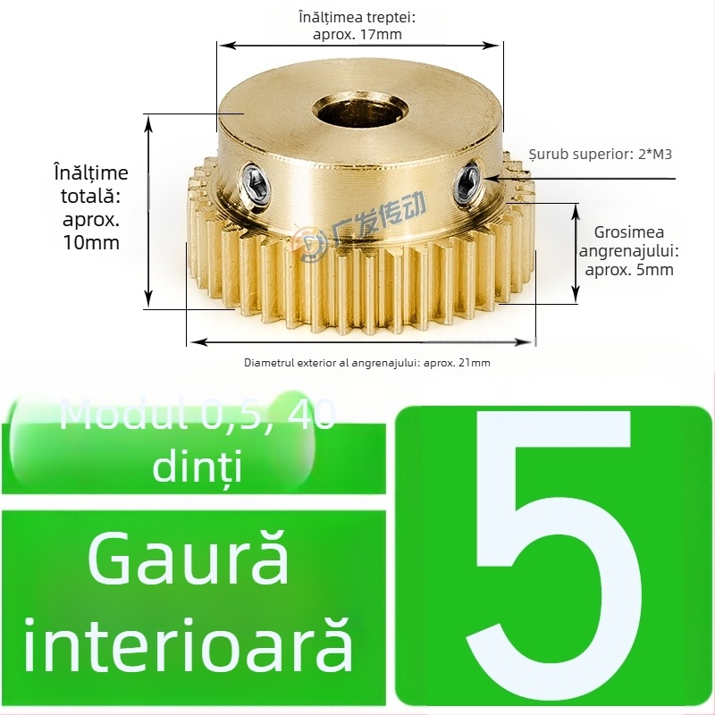 Pinion din alamă, modul 0,5, 40 dinți, cu treaptă înălțată, pinion drept din alamă pentru șină dințată