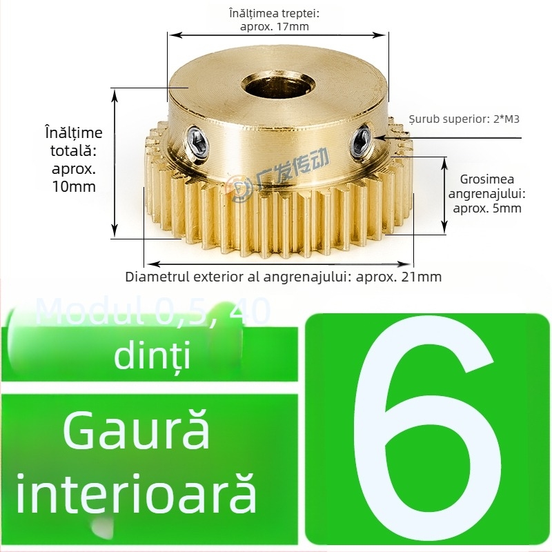 Pinion din alamă, modul 0,5, 40 dinți, cu treaptă înălțată, pinion drept din alamă pentru șină dințată