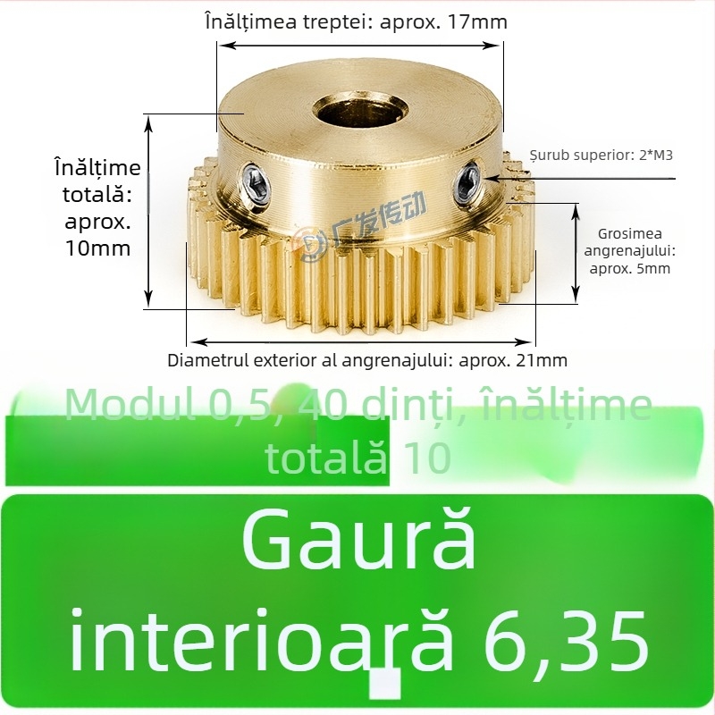 Pinion din alamă, modul 0,5, 40 dinți, cu treaptă înălțată, pinion drept din alamă pentru șină dințată