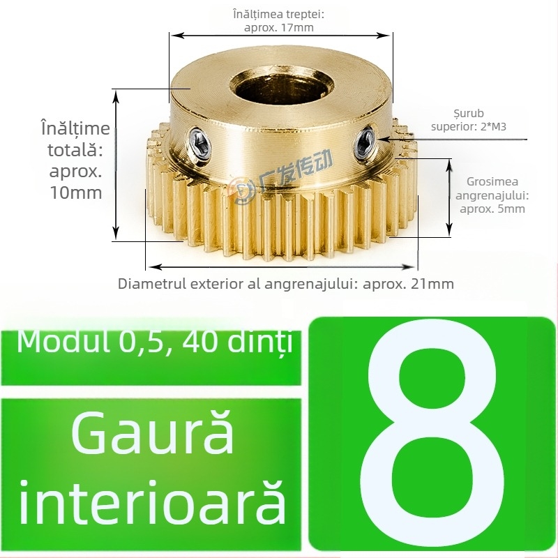 Pinion din alamă, modul 0,5, 40 dinți, cu treaptă înălțată, pinion drept din alamă pentru șină dințată