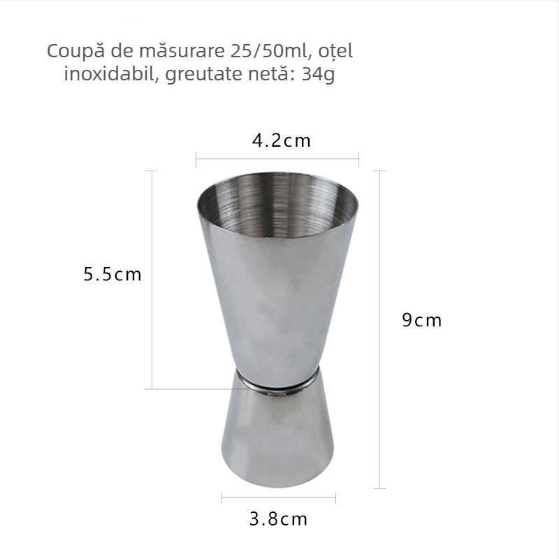Măsurător pentru cocktailuri din oțel inoxidabil, cu capete duble și margine dreaptă, 25/50 ml, finisaj natural