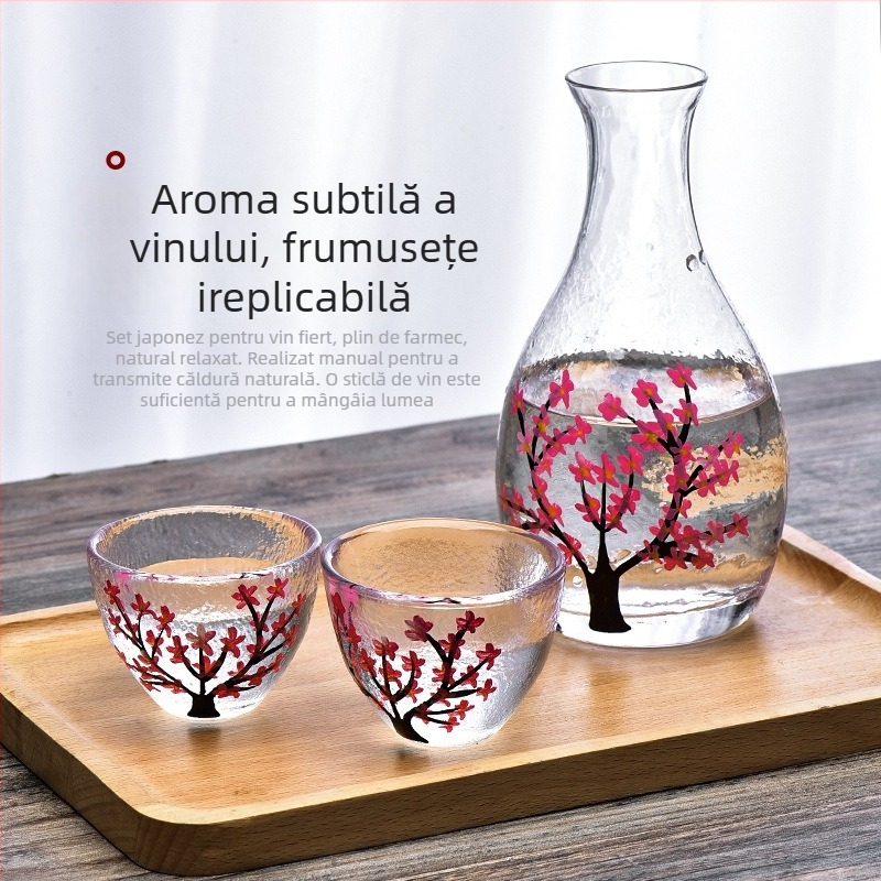 Set de saké din sticlă cu flori de prune, stil japonez, încălzitor rezistent la căldură, 4 piese