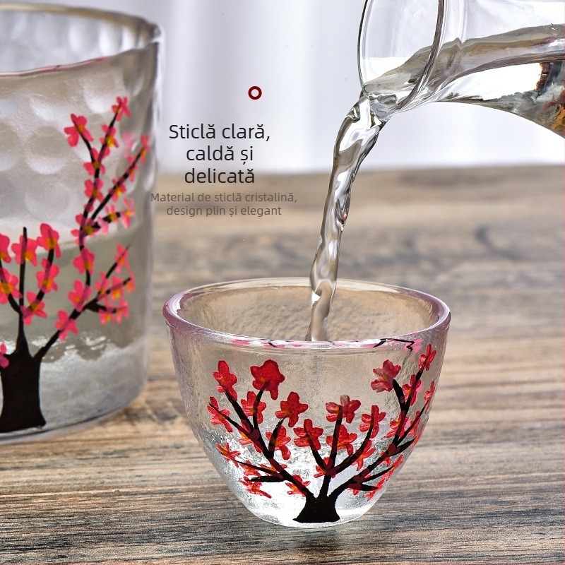 Set de saké din sticlă cu flori de prune, stil japonez, încălzitor rezistent la căldură, 4 piese