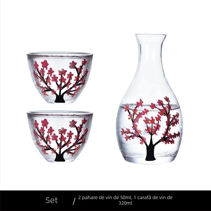 Set de saké din sticlă cu flori de prune, stil japonez, încălzitor rezistent la căldură, 4 piese