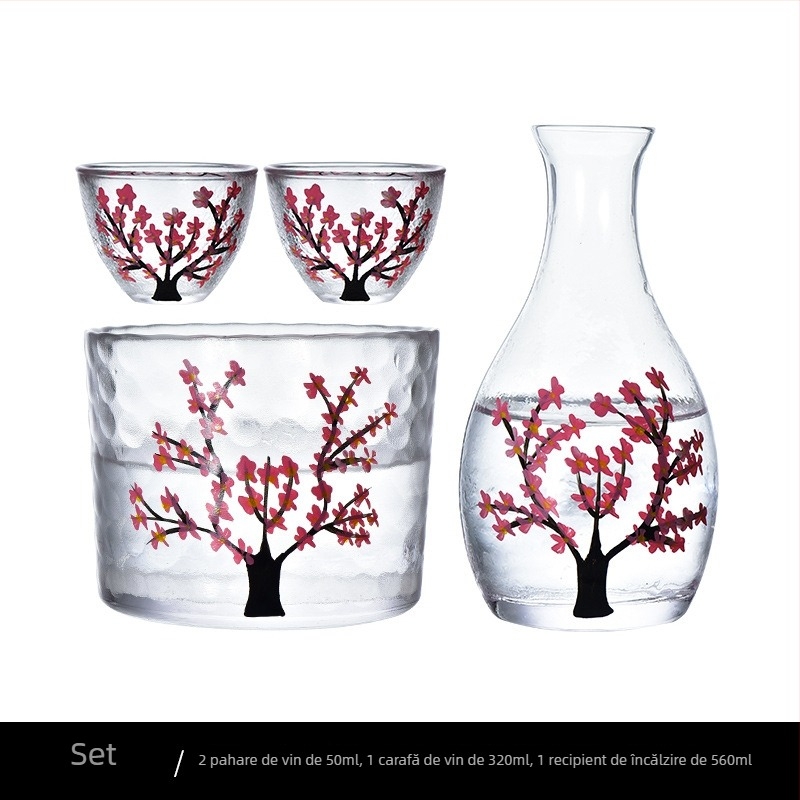 Set de saké din sticlă cu flori de prune, stil japonez, încălzitor rezistent la căldură, 4 piese