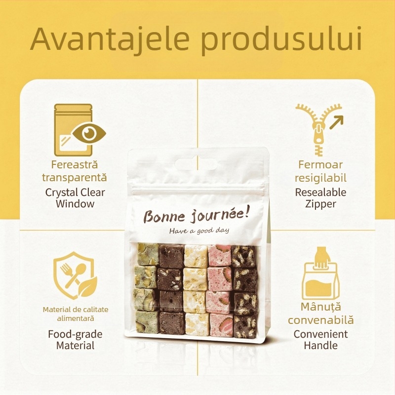 Pungi transparente de ambalare cu mâner, sigilare automată, pentru fursecuri cu merișe, bomboane și produse de coacere