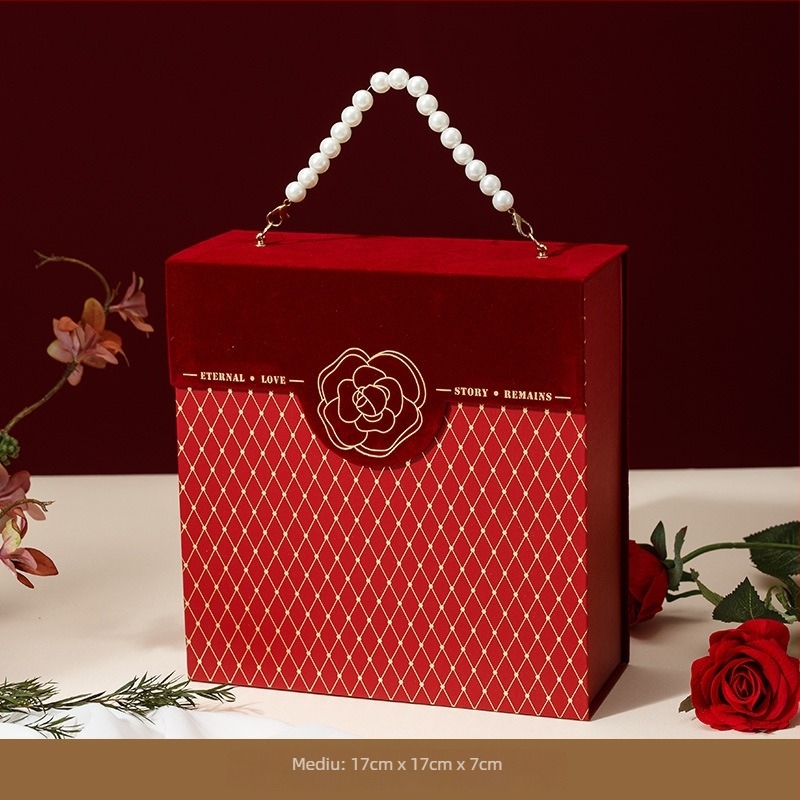 Cutie cadou de nuntă cu finisaj perlat, temă camelia, cutie cadou pentru domnișoare de onoare, pătrată 21×21×8.5 cm, material flanel
