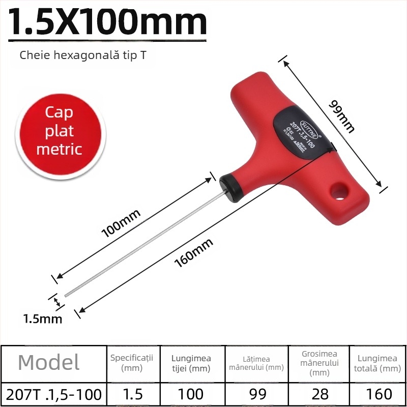 Cheie hexagonală SUTTNE, metrice, mâner extins, calitate industrială, oțel S2, cap plat, mâner în formă de T