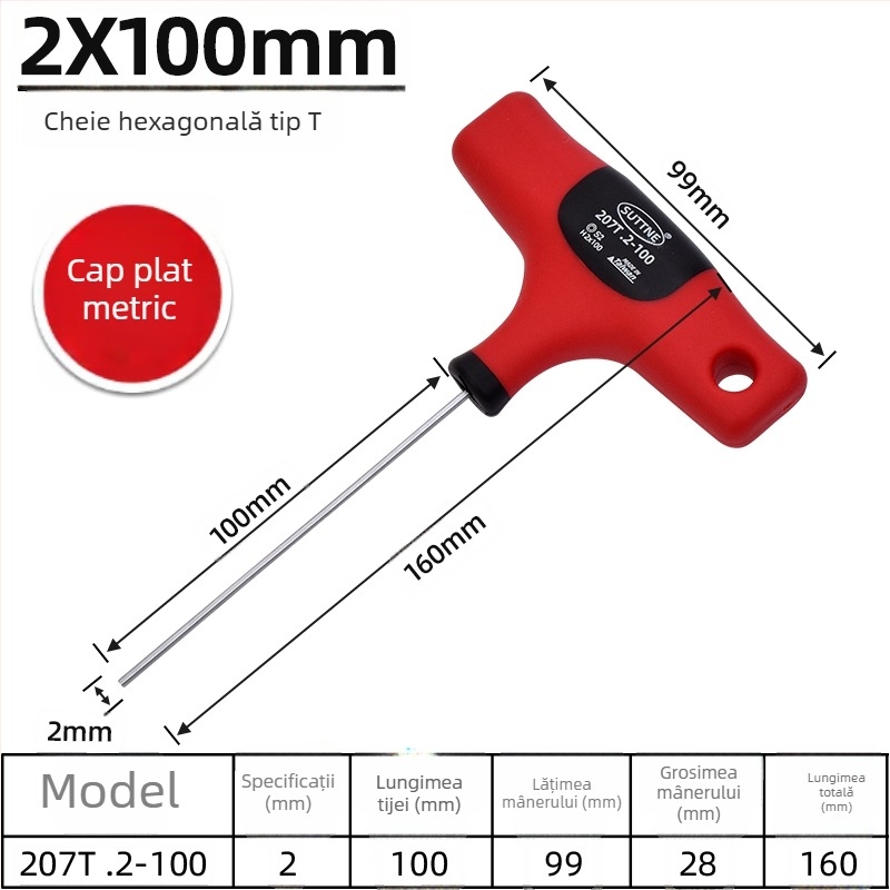 Cheie hexagonală SUTTNE, metrice, mâner extins, calitate industrială, oțel S2, cap plat, mâner în formă de T