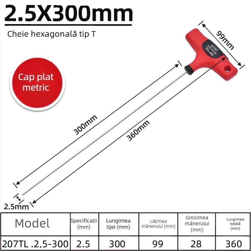 Cheie hexagonală SUTTNE, metrice, mâner extins, calitate industrială, oțel S2, cap plat, mâner în formă de T