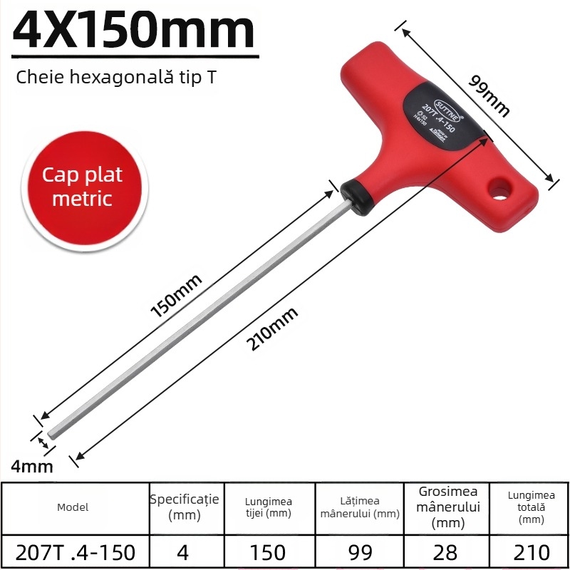 Cheie hexagonală SUTTNE, metrice, mâner extins, calitate industrială, oțel S2, cap plat, mâner în formă de T