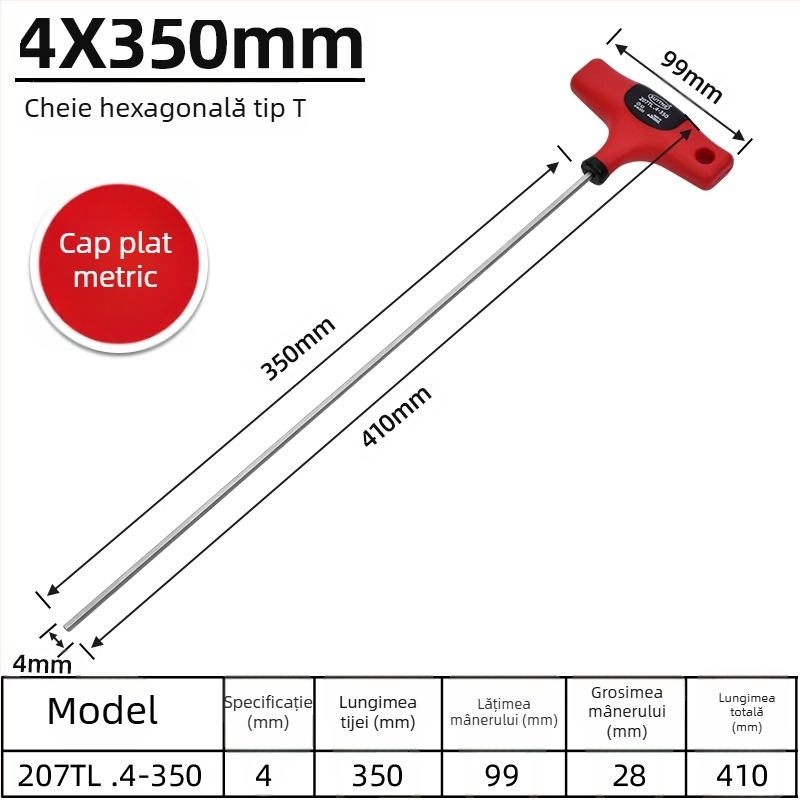Cheie hexagonală SUTTNE, metrice, mâner extins, calitate industrială, oțel S2, cap plat, mâner în formă de T