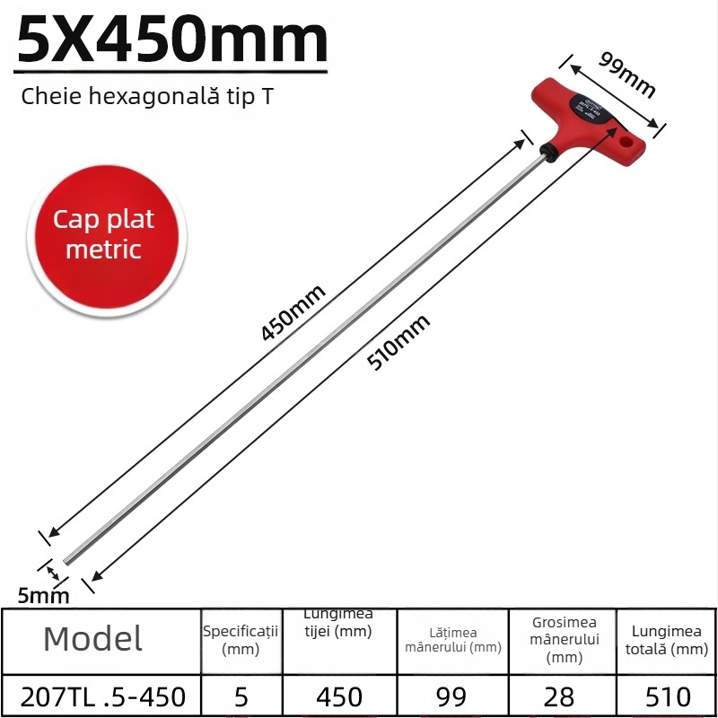 Cheie hexagonală SUTTNE, metrice, mâner extins, calitate industrială, oțel S2, cap plat, mâner în formă de T