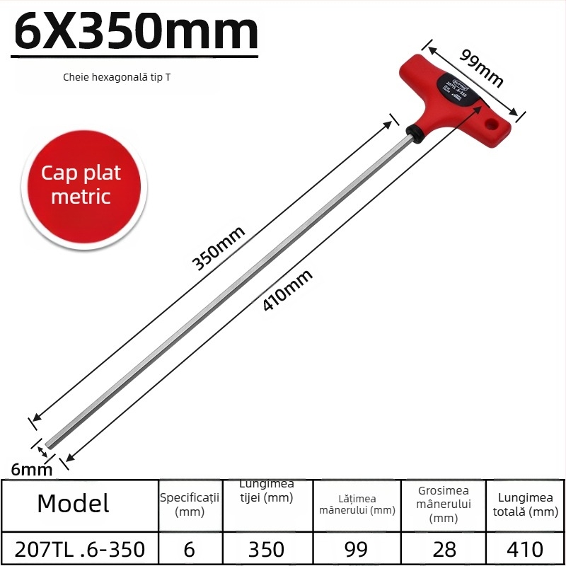 Cheie hexagonală SUTTNE, metrice, mâner extins, calitate industrială, oțel S2, cap plat, mâner în formă de T