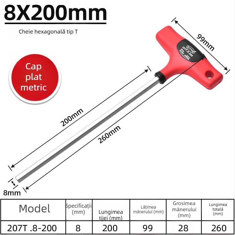 Cheie hexagonală SUTTNE, metrice, mâner extins, calitate industrială, oțel S2, cap plat, mâner în formă de T