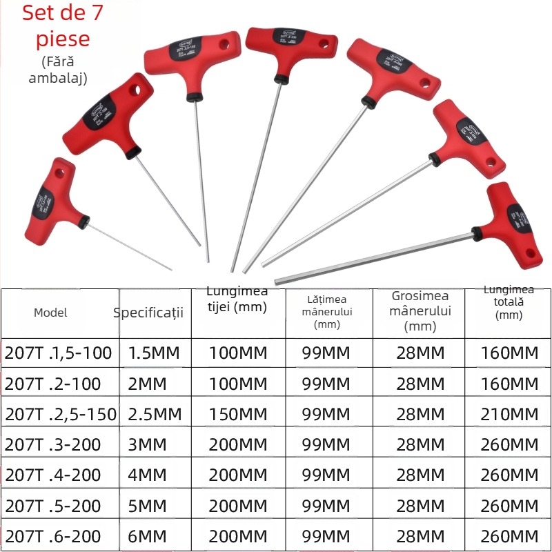 Cheie hexagonală SUTTNE, metrice, mâner extins, calitate industrială, oțel S2, cap plat, mâner în formă de T