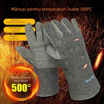 Mănuși rezistente la temperaturi înalte, izolație termică 1000°C/500°C, ignifuge, rezistente la uzură, cu cinci degete, groase, protecție împotriva arsurilor