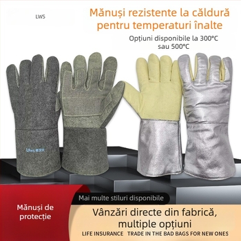 Mănuși rezistente la temperaturi înalte, izolație termică 1000°C/500°C, ignifuge, rezistente la uzură, cu cinci degete, groase, protecție împotriva arsurilor