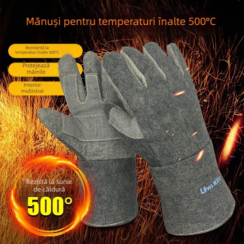Mănuși rezistente la temperaturi înalte, izolație termică 1000°C/500°C, ignifuge, rezistente la uzură, cu cinci degete, groase, protecție împotriva arsurilor
