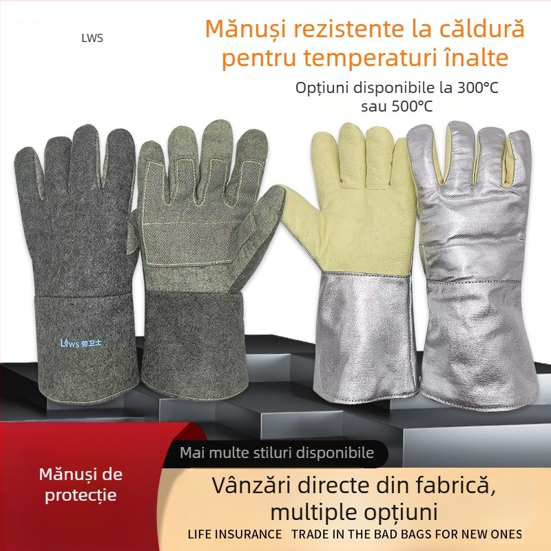 Mănuși rezistente la temperaturi înalte, izolație termică 1000°C/500°C, ignifuge, rezistente la uzură, cu cinci degete, groase, protecție împotriva arsurilor