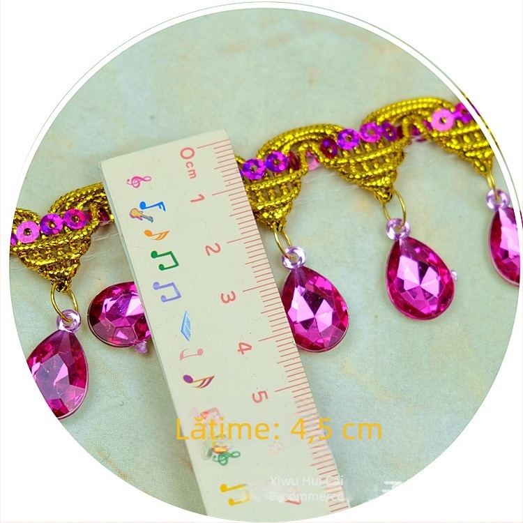 Dantelă cu pietre în formă de lacrimă, franjuri pentru costume de dans, margine decorativă, lățime 4,5 cm, lungime 9 m
