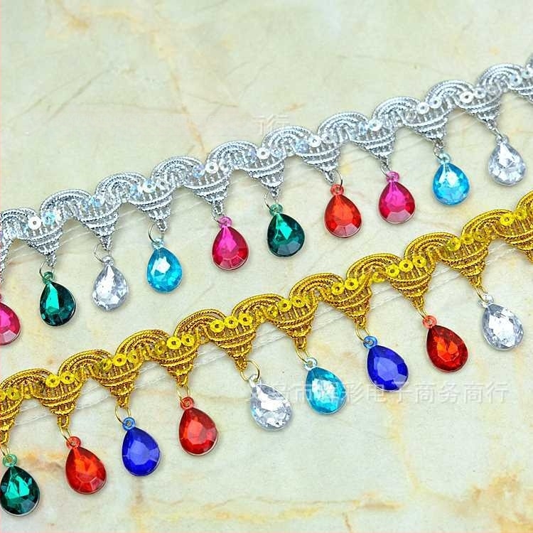 Dantelă cu pietre în formă de lacrimă, franjuri pentru costume de dans, margine decorativă, lățime 4,5 cm, lungime 9 m