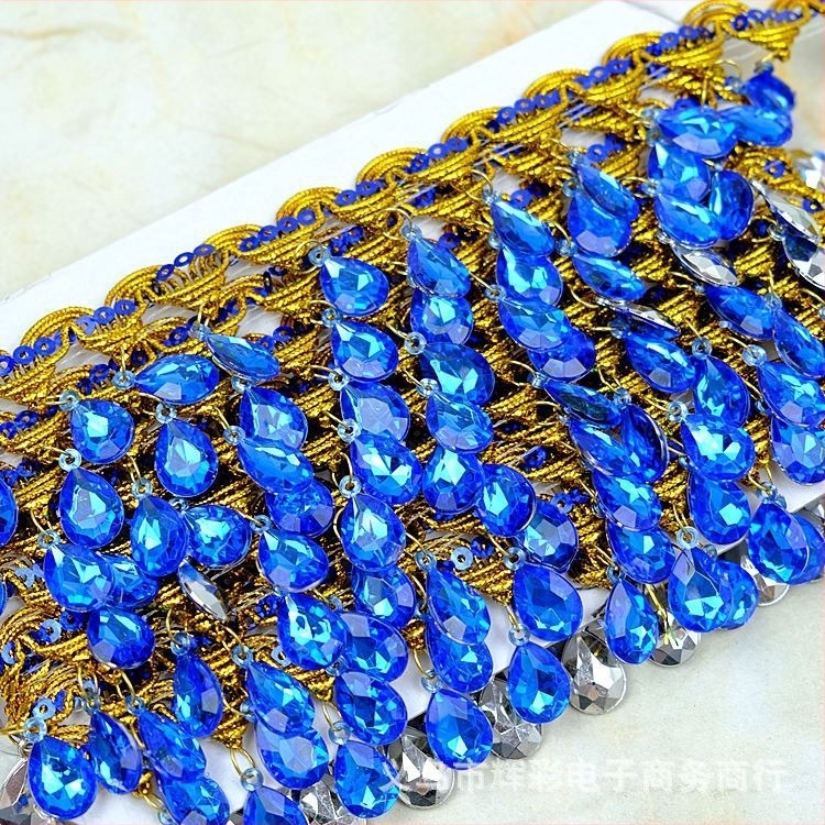 Dantelă cu pietre în formă de lacrimă, franjuri pentru costume de dans, margine decorativă, lățime 4,5 cm, lungime 9 m