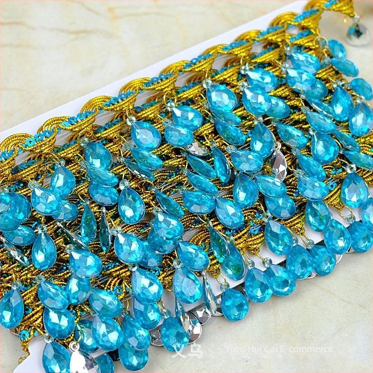 Dantelă cu pietre în formă de lacrimă, franjuri pentru costume de dans, margine decorativă, lățime 4,5 cm, lungime 9 m