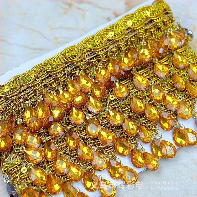 Dantelă cu pietre în formă de lacrimă, franjuri pentru costume de dans, margine decorativă, lățime 4,5 cm, lungime 9 m