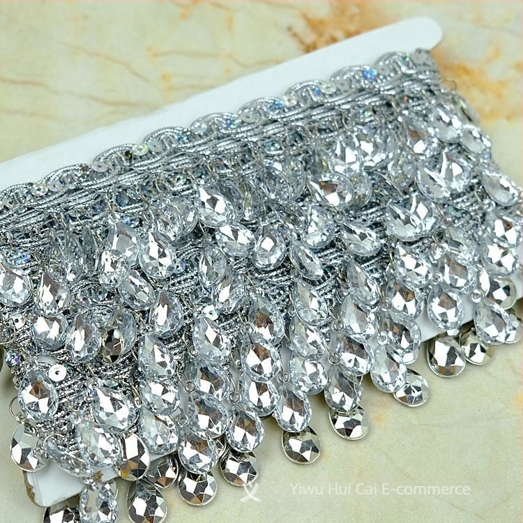 Dantelă cu pietre în formă de lacrimă, franjuri pentru costume de dans, margine decorativă, lățime 4,5 cm, lungime 9 m