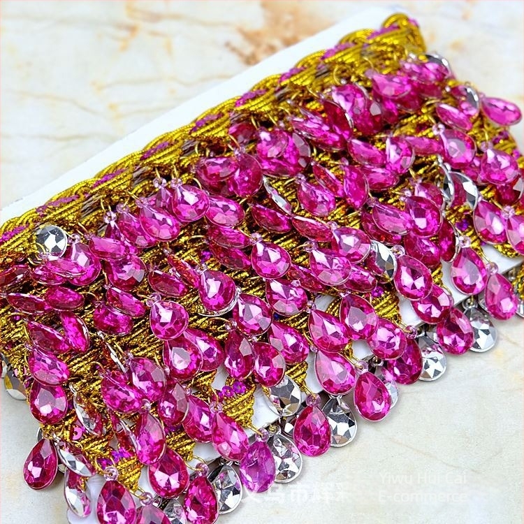 Dantelă cu pietre în formă de lacrimă, franjuri pentru costume de dans, margine decorativă, lățime 4,5 cm, lungime 9 m