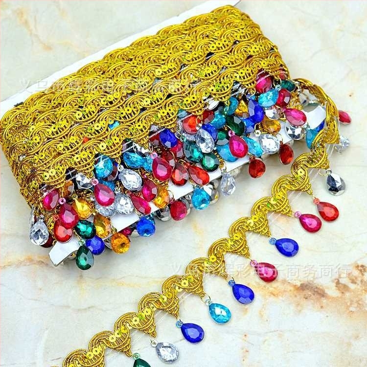 Dantelă cu pietre în formă de lacrimă, franjuri pentru costume de dans, margine decorativă, lățime 4,5 cm, lungime 9 m