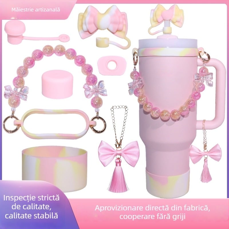 Set accesorii Stany pentru pahar de apă: husă din silicon, capac etanș, lanț pentru pahar cu model de fisuri de gheață, pompon, fundă și ciucuri