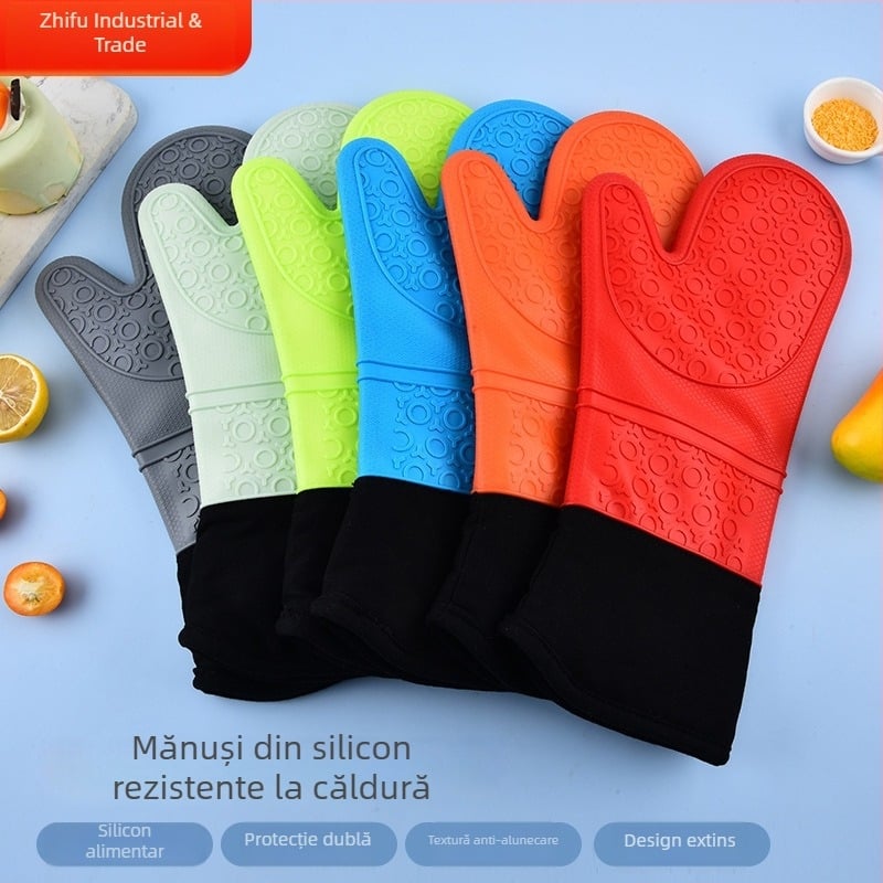 Mănuși lungi izolante din silicon, cu margine din bumbac, protecție la arsură, antiderapante, groase, finisaj platinat, pentru cuptor și microunde