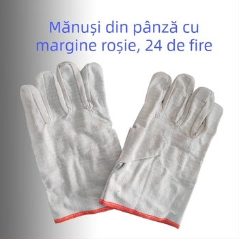 Mănuși de sudură din pânză, cu palmă întărită și margine roșie, dublu strat, lungime extinsă