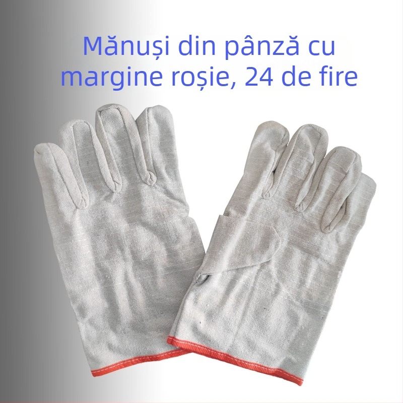 Mănuși de sudură din pânză, cu palmă întărită și margine roșie, dublu strat, lungime extinsă