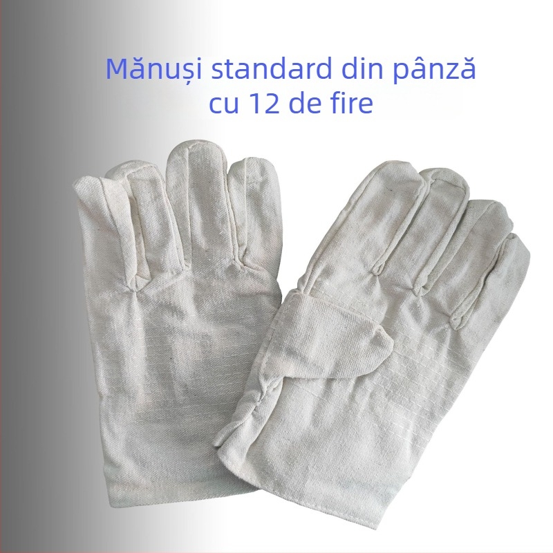 Mănuși de sudură din pânză, cu palmă întărită și margine roșie, dublu strat, lungime extinsă