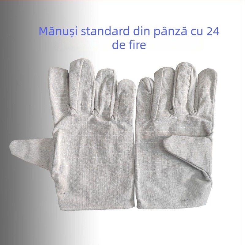 Mănuși de sudură din pânză, cu palmă întărită și margine roșie, dublu strat, lungime extinsă
