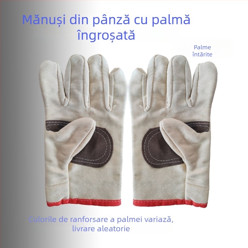 Mănuși de sudură din pânză, cu palmă întărită și margine roșie, dublu strat, lungime extinsă