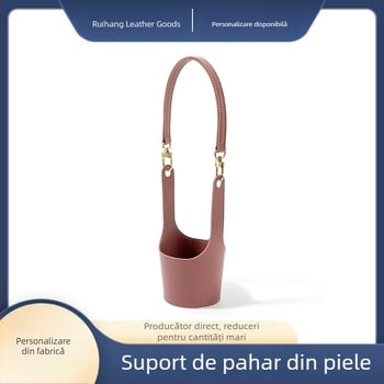 Suport pentru pahar cu pai de sticlă, husă portabilă din piele pentru ceai/cafea și husă pentru sticlă de apă cu mâner din piele și Velcro