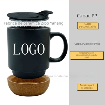 Căniță ceramică cu bază de plută și capac, potrivită pentru transfer termic, cană DIY simplă cu suport din lemn, finisaj mat, rezistentă la temperaturi înalte