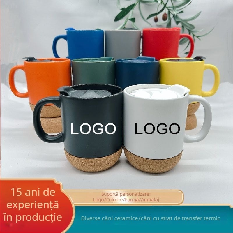 Căniță ceramică cu bază de plută și capac, potrivită pentru transfer termic, cană DIY simplă cu suport din lemn, finisaj mat, rezistentă la temperaturi înalte
