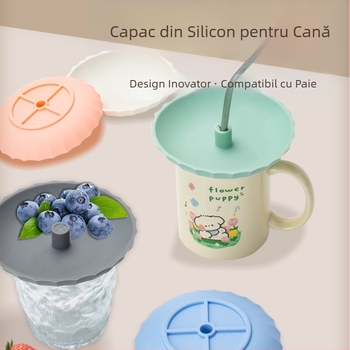 Capac din silicon pentru pahare, cu pai, anti-praf, minimalist, multifuncțional, compatibil cu diferite dimensiuni ale paharelor
