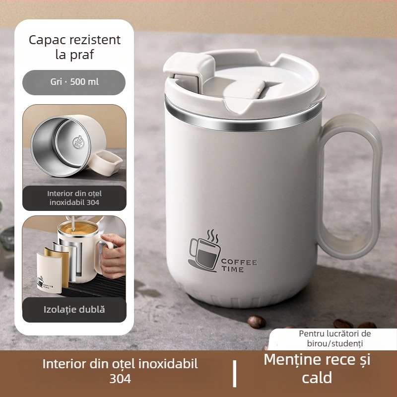Cană termică din oțel inoxidabil 304 cu pereți dubli, mâner și capac