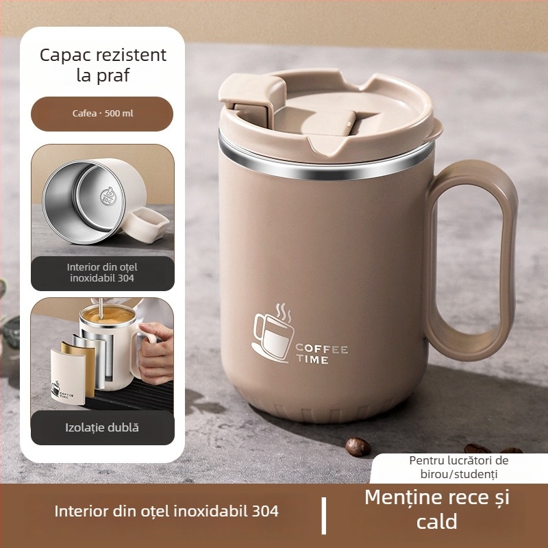 Cană termică din oțel inoxidabil 304 cu pereți dubli, mâner și capac