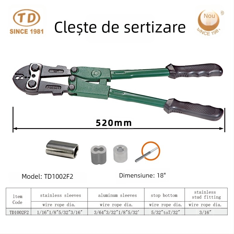 Clește de sertizare multifuncțional, cu clemă din cupru în formă de 8, cu inel din cupru și inel din aluminiu, pentru cablu de sârmă